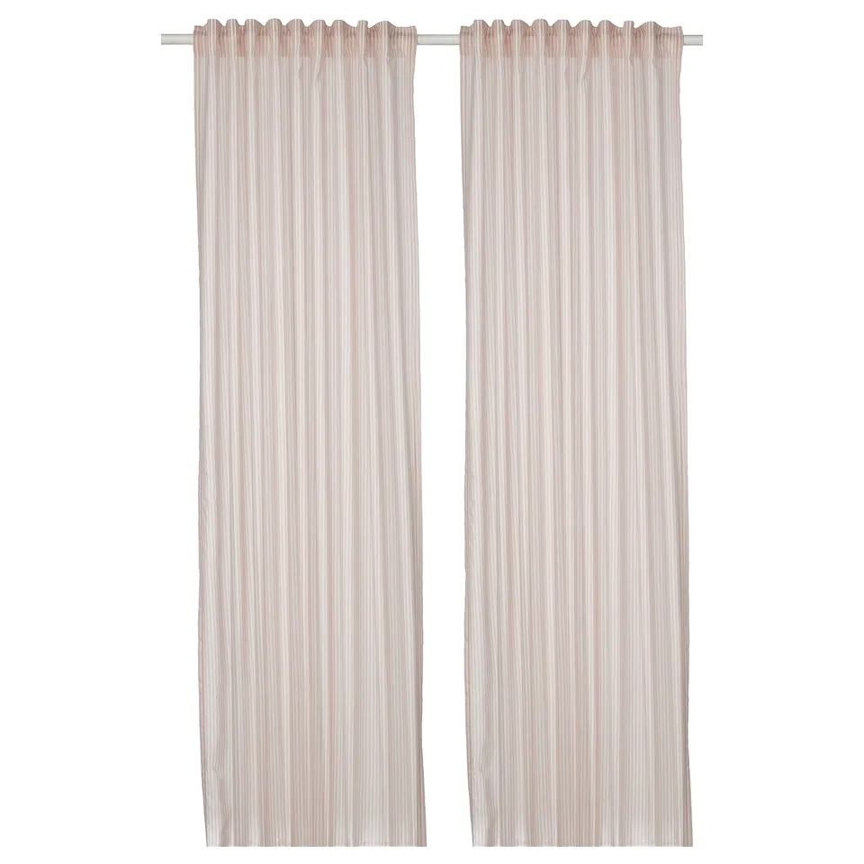 BYMOTT curtains, beige with white stripes. The curtains have a rod pocket heading and are made of 100% recycled polyester.