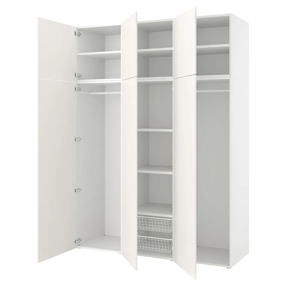 White PLATSA storage unit: tall, three-section closet with shelves and hanging rod, modern minimal design.