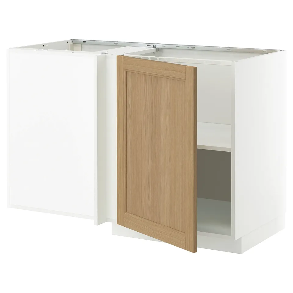 White METOD kitchen cabinet with oak door; open, square design; modern, minimalist style.