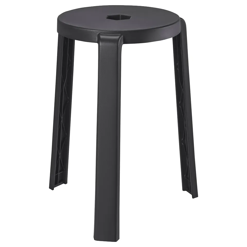 IBBARBO stool, black, plastic, round top, three legs, stackable.