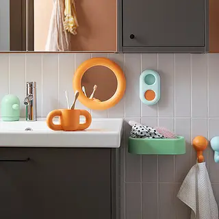 HUMLESJÖN set: timer with suction cup + mug + mirror with suction cup + soap dispenser + basket with suction cup + hook with suction cup