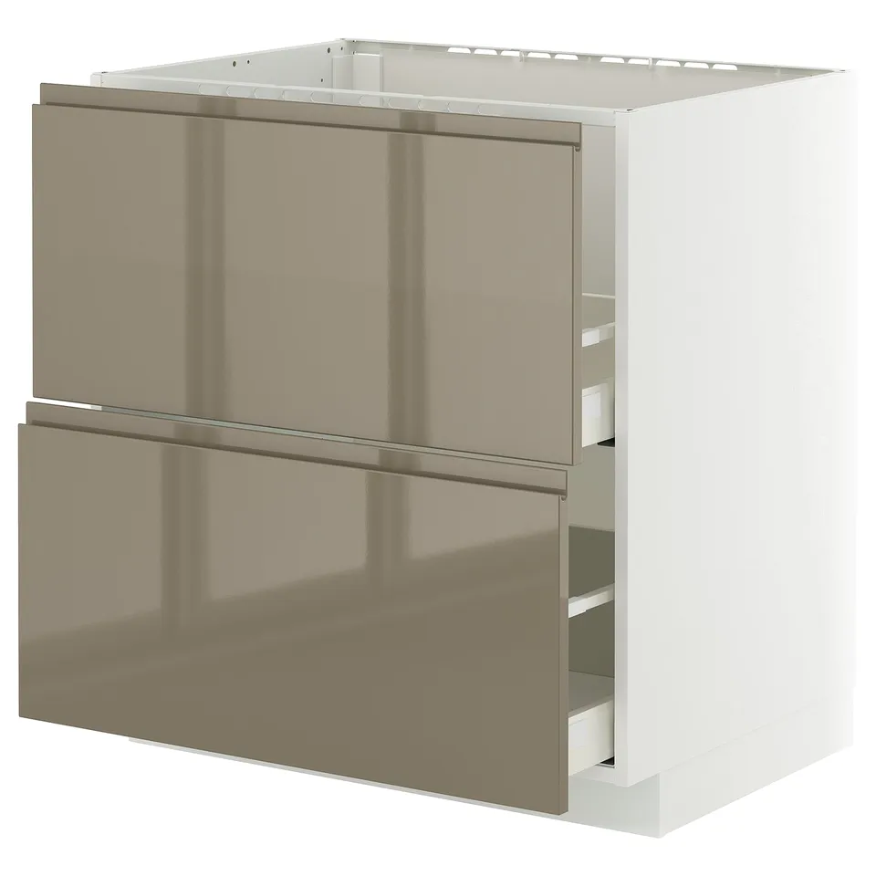 Modern kitchen cabinet: METOD with dark grey-brown glossy fronts, two drawers, sleek design.