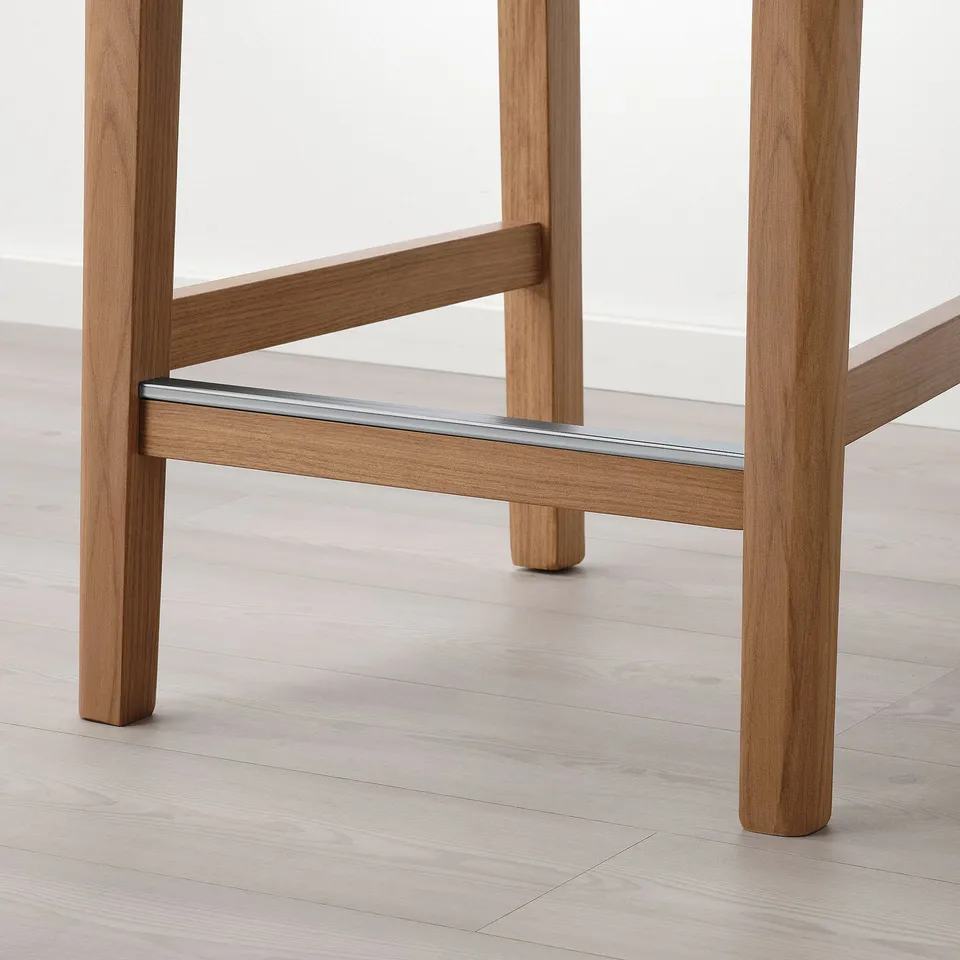 Modern bar stool with wood legs & metal footrest.