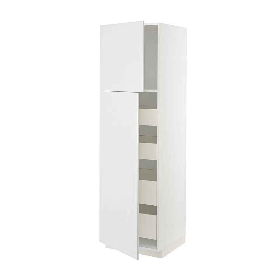 White METOD kitchen cabinet with stensund fronts, featuring multiple shelves and a smooth, modern design.
