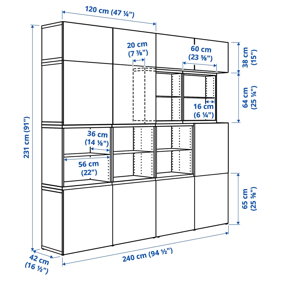 BESTÅ Storage combination with doors, black-brown/Lappviken white, 240x42x231 cm
