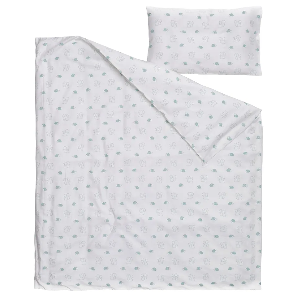 LEN Duvet cover 1 pillowcase for cot, white blue/squirrel and hedgehog pattern, 110x125/35x55 cm