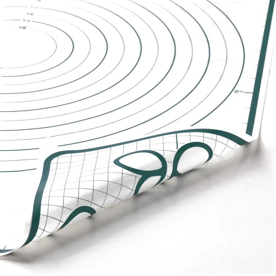 White baking mat with green grid and circular measurements partially curled showing quality and design.