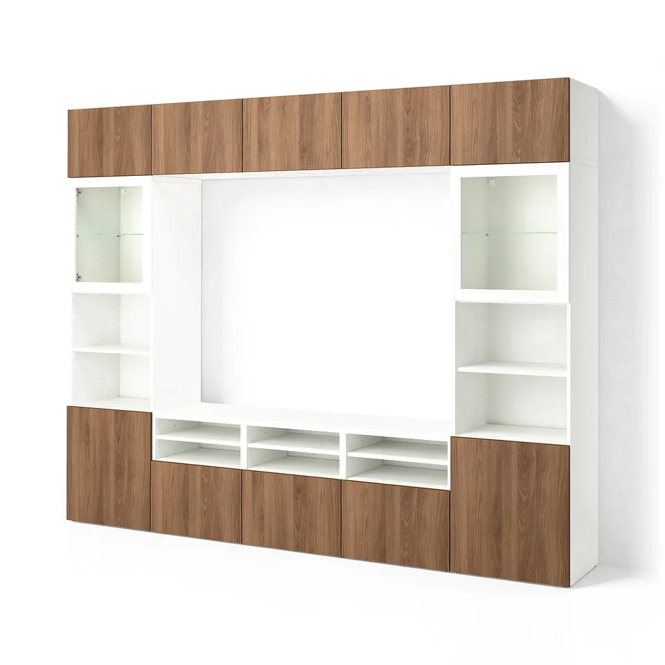 BESTÅ TV storage combination/glass doors, white Lappviken/brown walnut effect, 300x42x231 cm