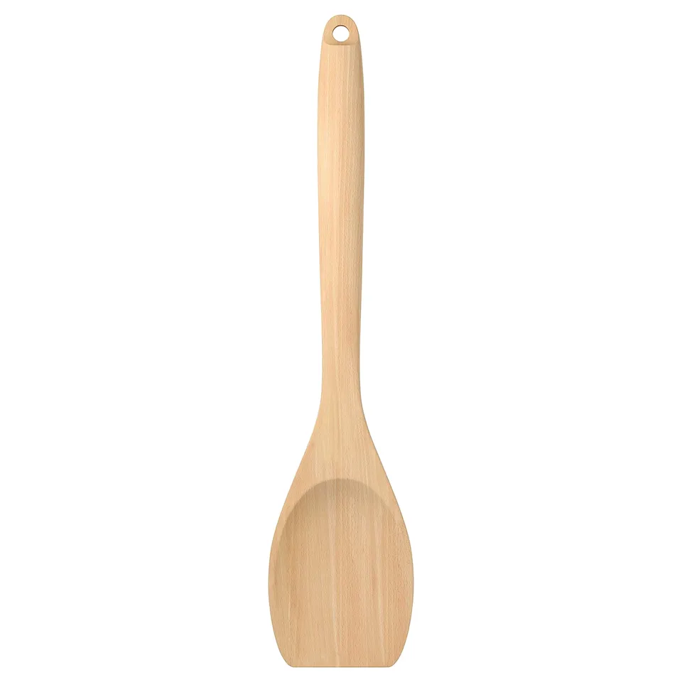 RÖRT wooden spatula. Light brown. Beechwood. Long handle. Rounded tip.