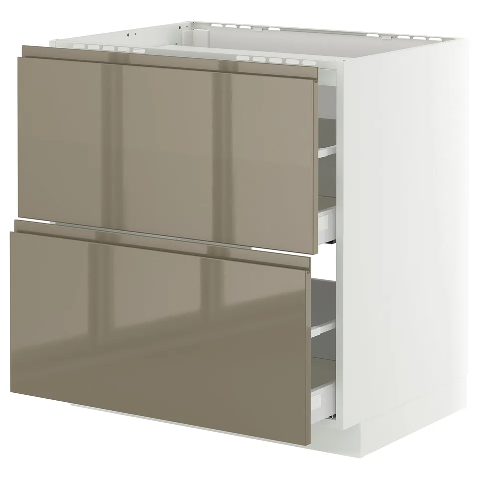 Modern white METOD kitchen cabinet with dark grey-brown high gloss drawer fronts.
