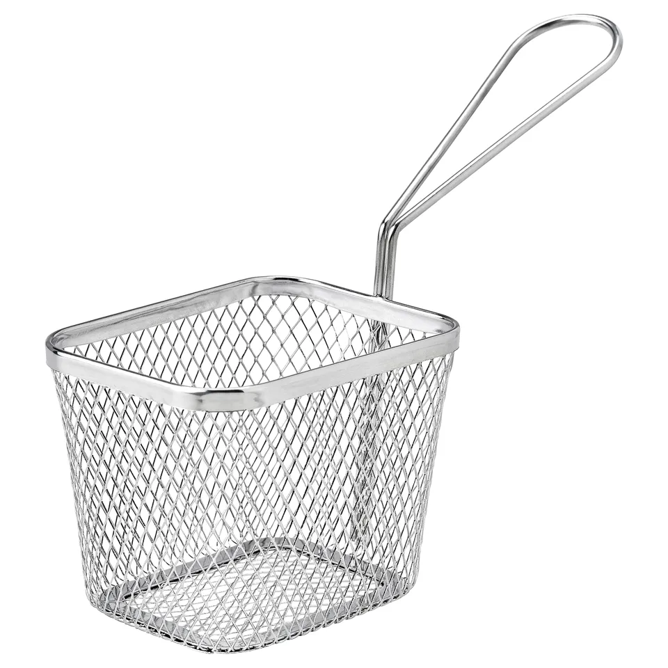 Silver wire mesh serving basket, square, with sturdy handle.