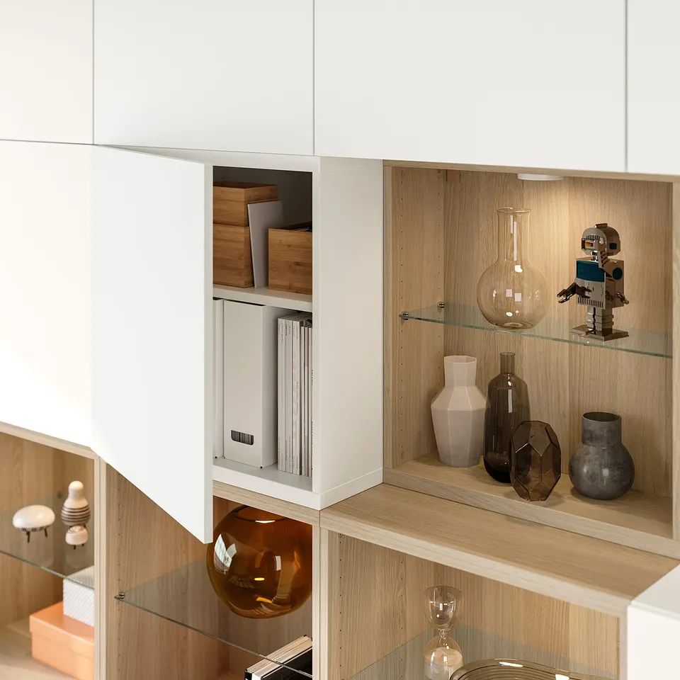 BESTÅ Storage combination with doors, white stained oak/Lappviken white, 240x42x231 cm