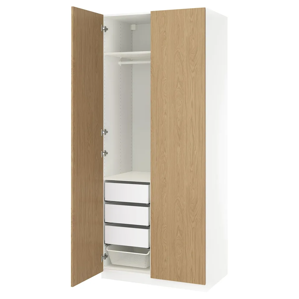 PAX wardrobe in oak & white with hanging & drawers
