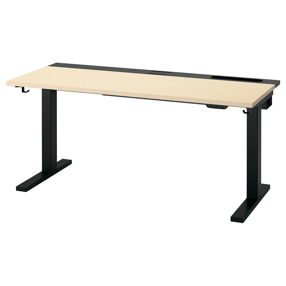 MITTZON desk: light wood top, black metal base, adjustable height, ergonomic.