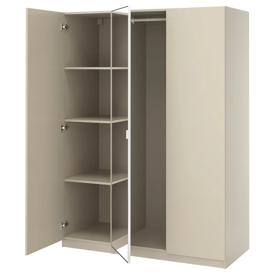 An open beige PAX wardrobe with three shelves.