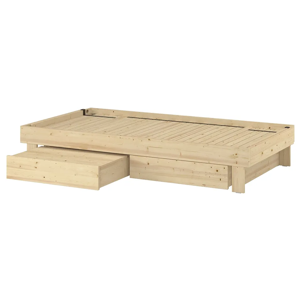 GLAMBERGET wooden extendable bed with storage, natural colour, rectangular shape, simple design, includes 2 trays.