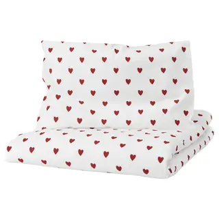 BARNDRÖM duvet cover 1 pillowcase for cot, heart pattern/white red, 110x125/35x55 cm