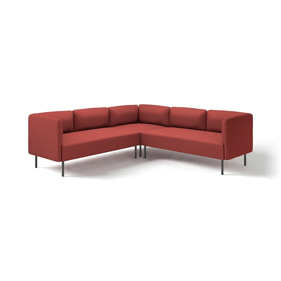 LILLEHEM modular sofa: bright red, soft cushions, l-shape design, metal legs, modern style.