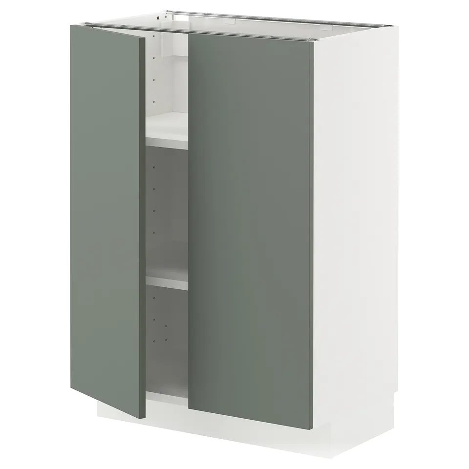 A blue-green kitchen cabinet from the METOD system, featuring a sleek, modern design with adjustable shelves and a sturdy frame.
