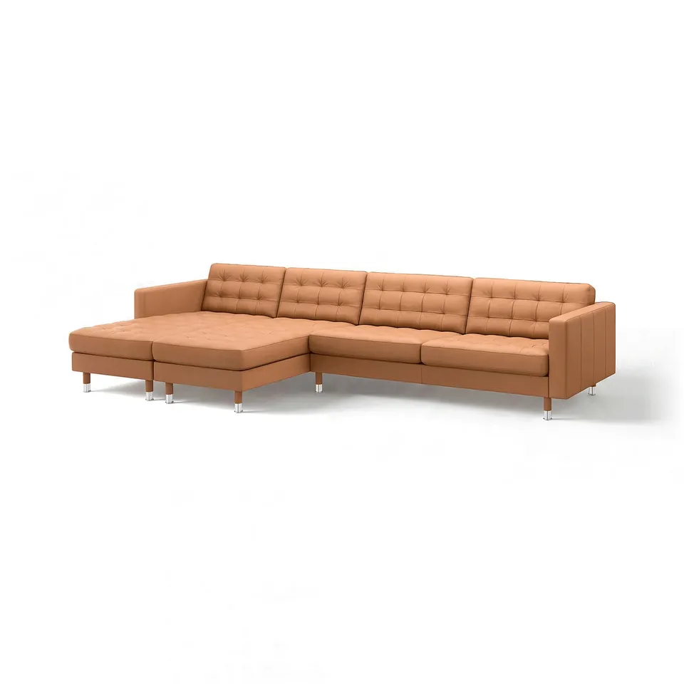 LANDSKRONA: brown leather l-shaped sofa, wooden legs, tufted design.
