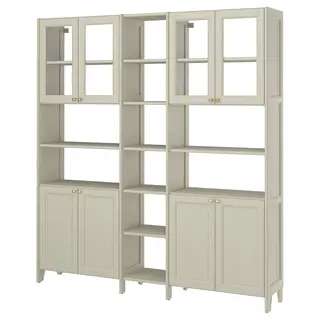 GULDDRAGARE storage combination, beige clear glass/with doors with shelves, 200x37x216 cm