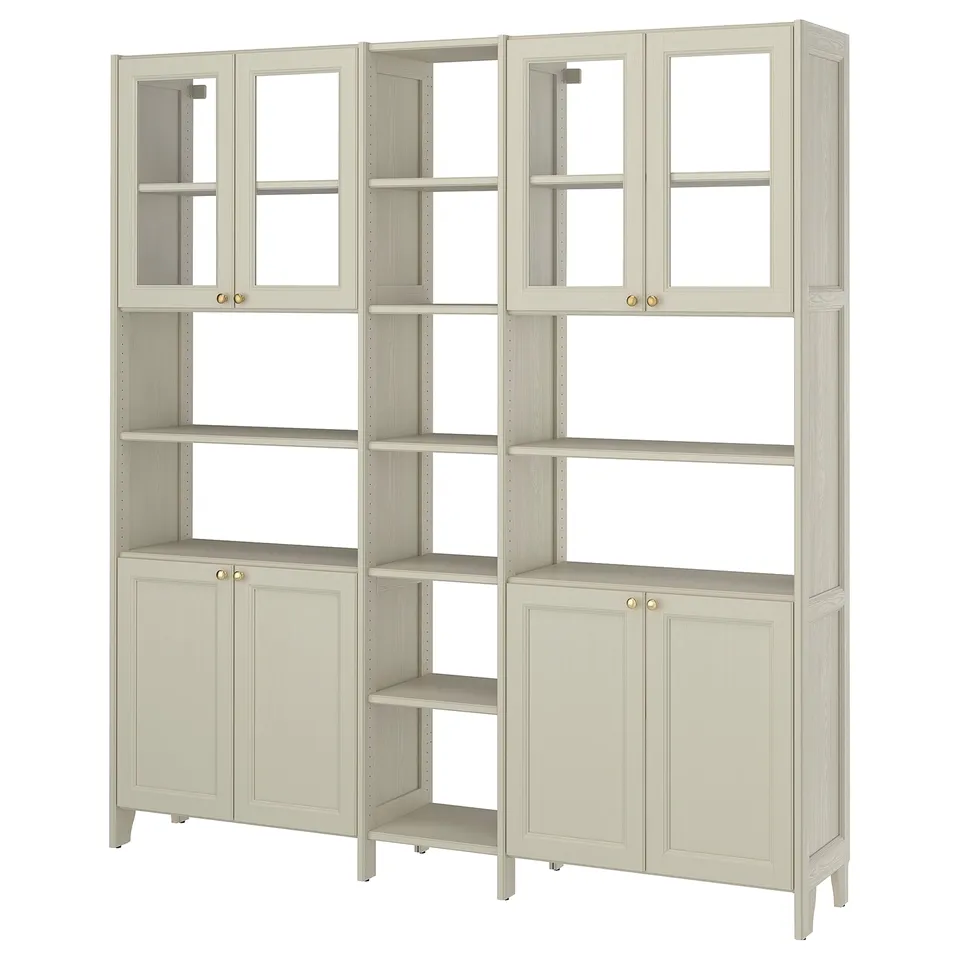 GULDDRAGARE Storage combination, beige clear glass/with doors with shelves, 200x37x216 cm