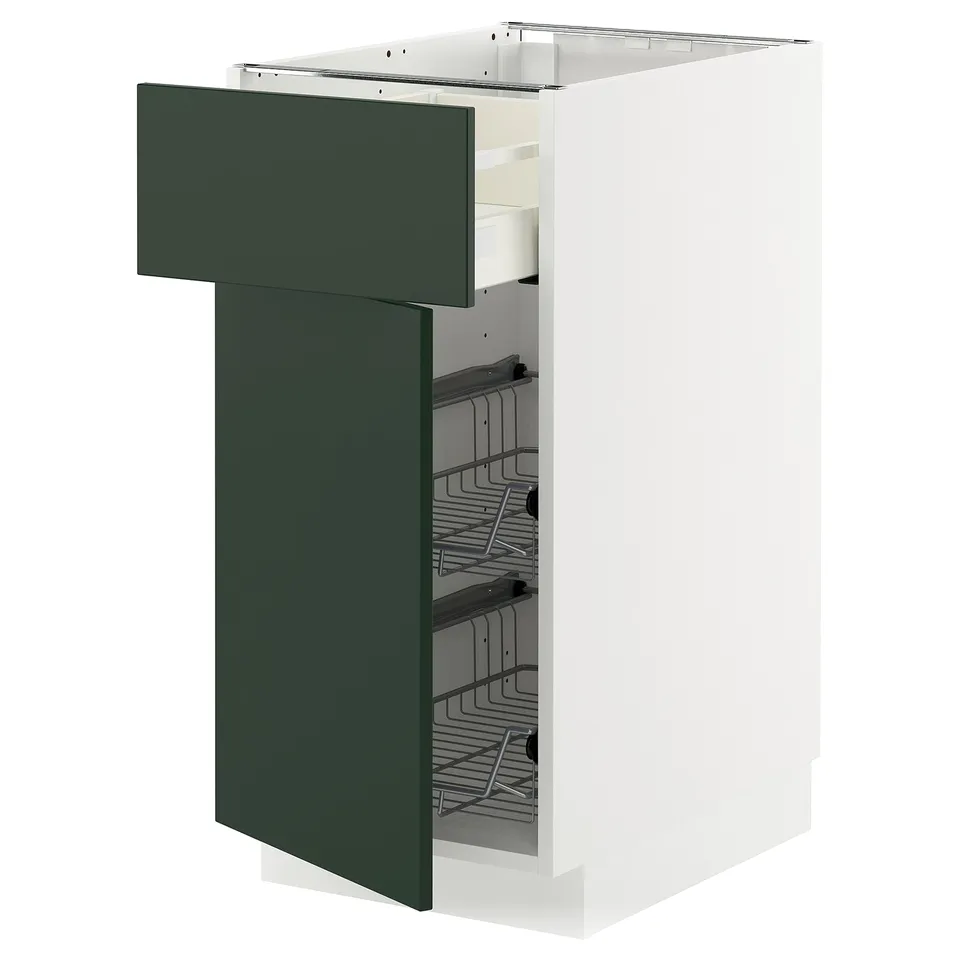 METOD kitchen cabinets: white with green drawer & wire baskets