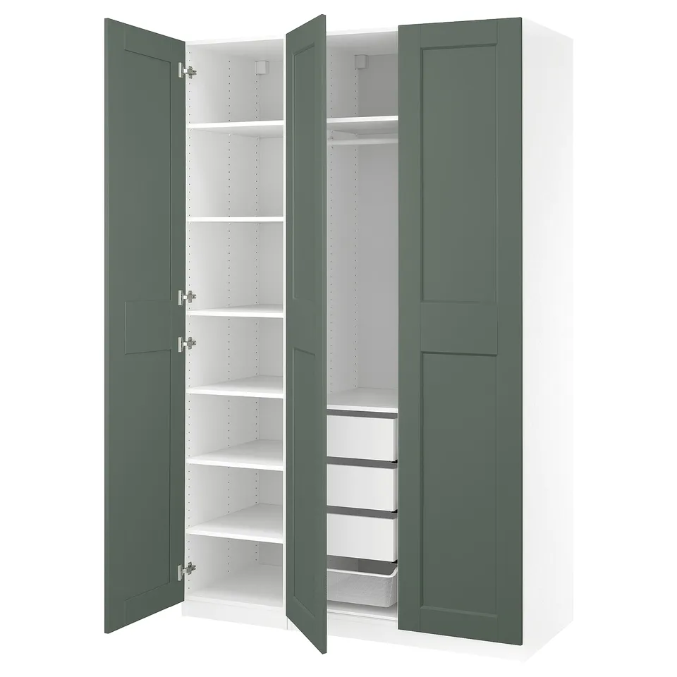 Green PAX wardrobe, open, white shelves, mesh basket.