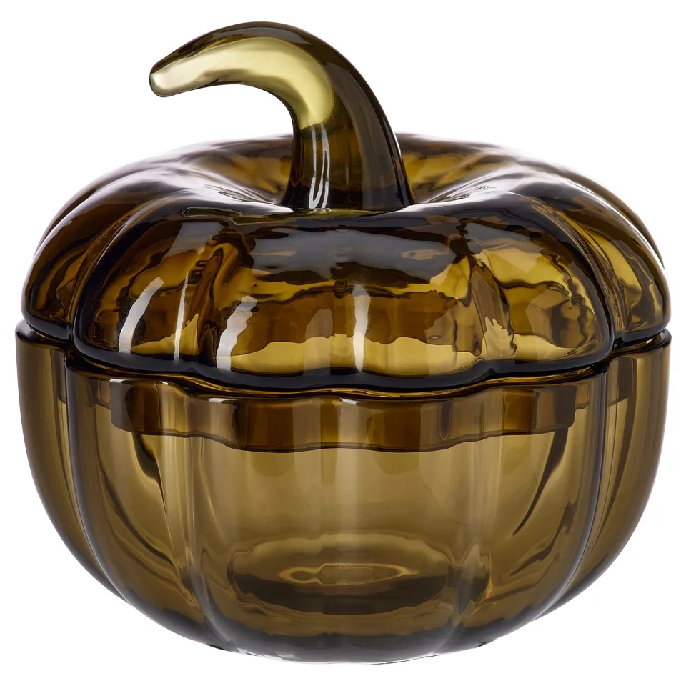 HÖSTAGILLE pumpkin-shaped glass container, brown, with handle.