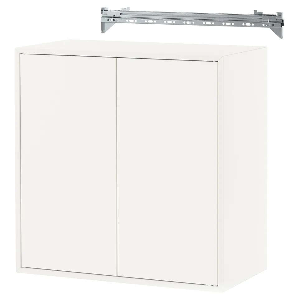 White EKET cabinet: modern, wall-mounted storage with sliding doors, made of engineered wood.