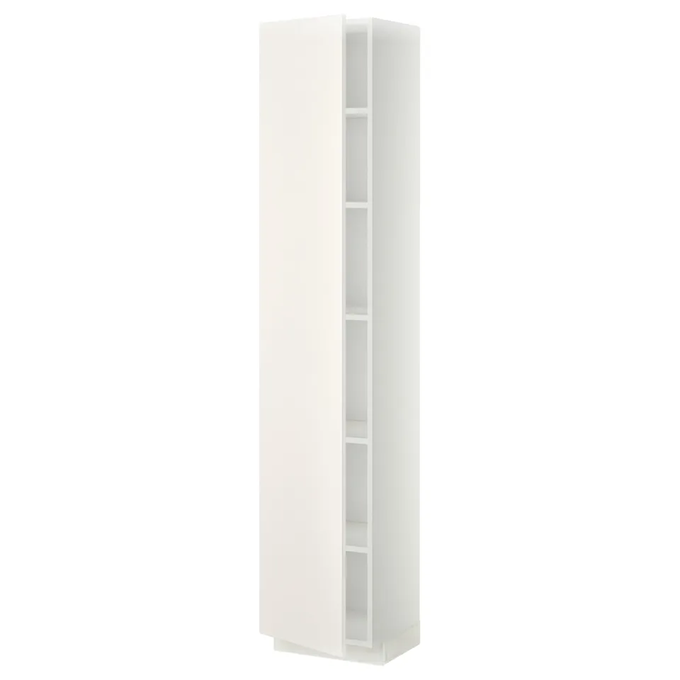 High white cabinet from IKEAs METOD series, slim rectangular design, single door with adjustable shelves.