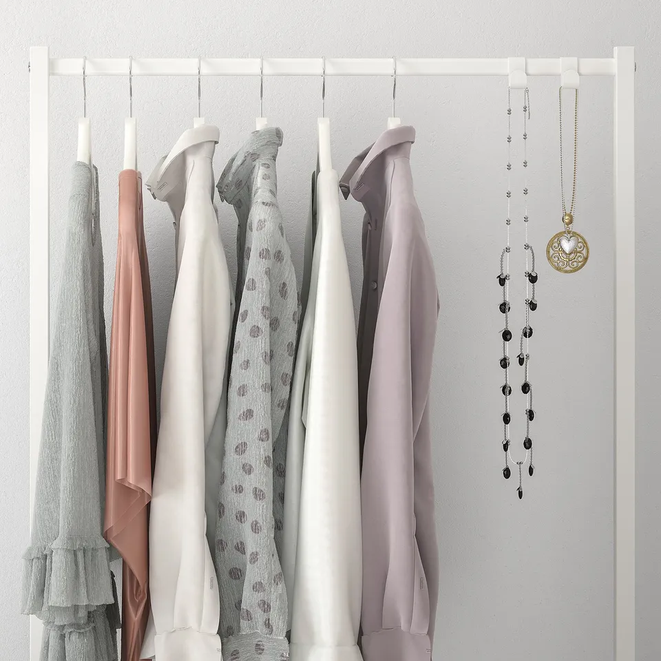Closet rod displaying clothes and jewellery; organised clothing storage solution.