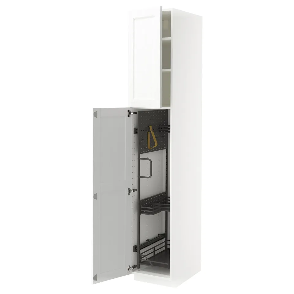 White METOD kitchen cabinet with opened door, shelves, and hooks.