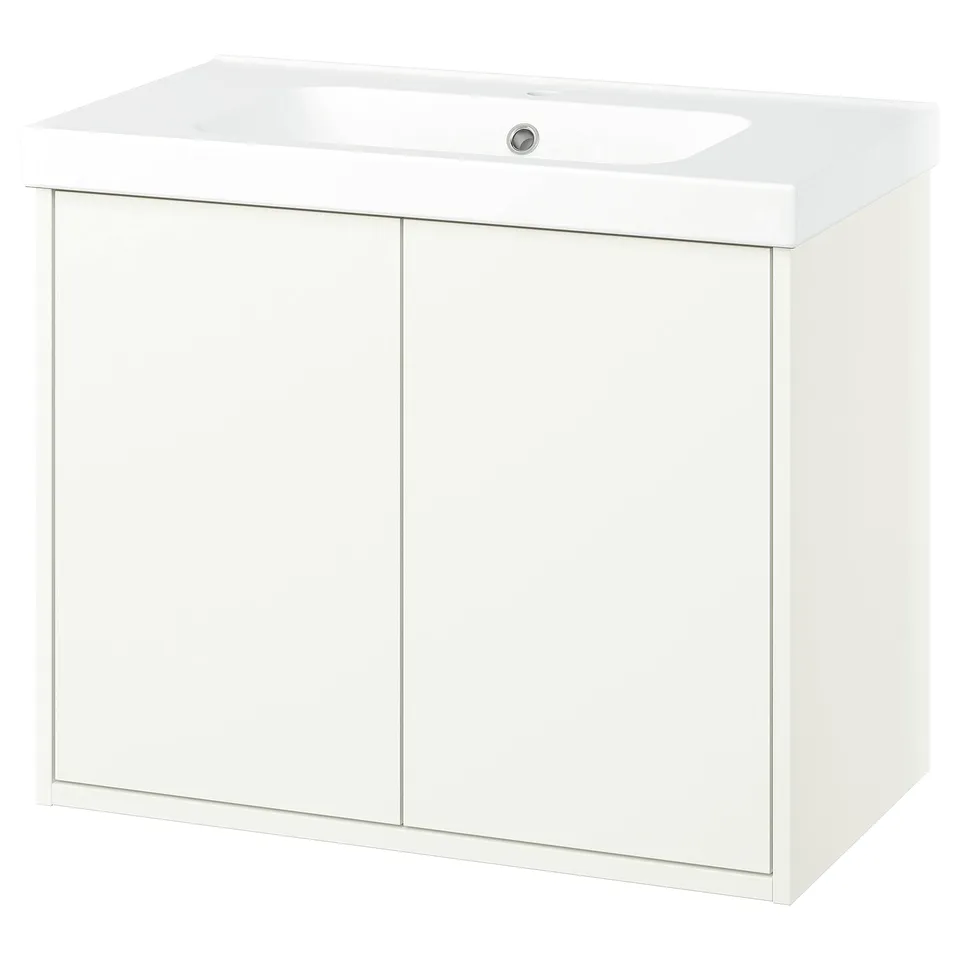 White HAVBÄCK bathroom vanity with sink. Modern design, wall-mount option, rectangular shape.