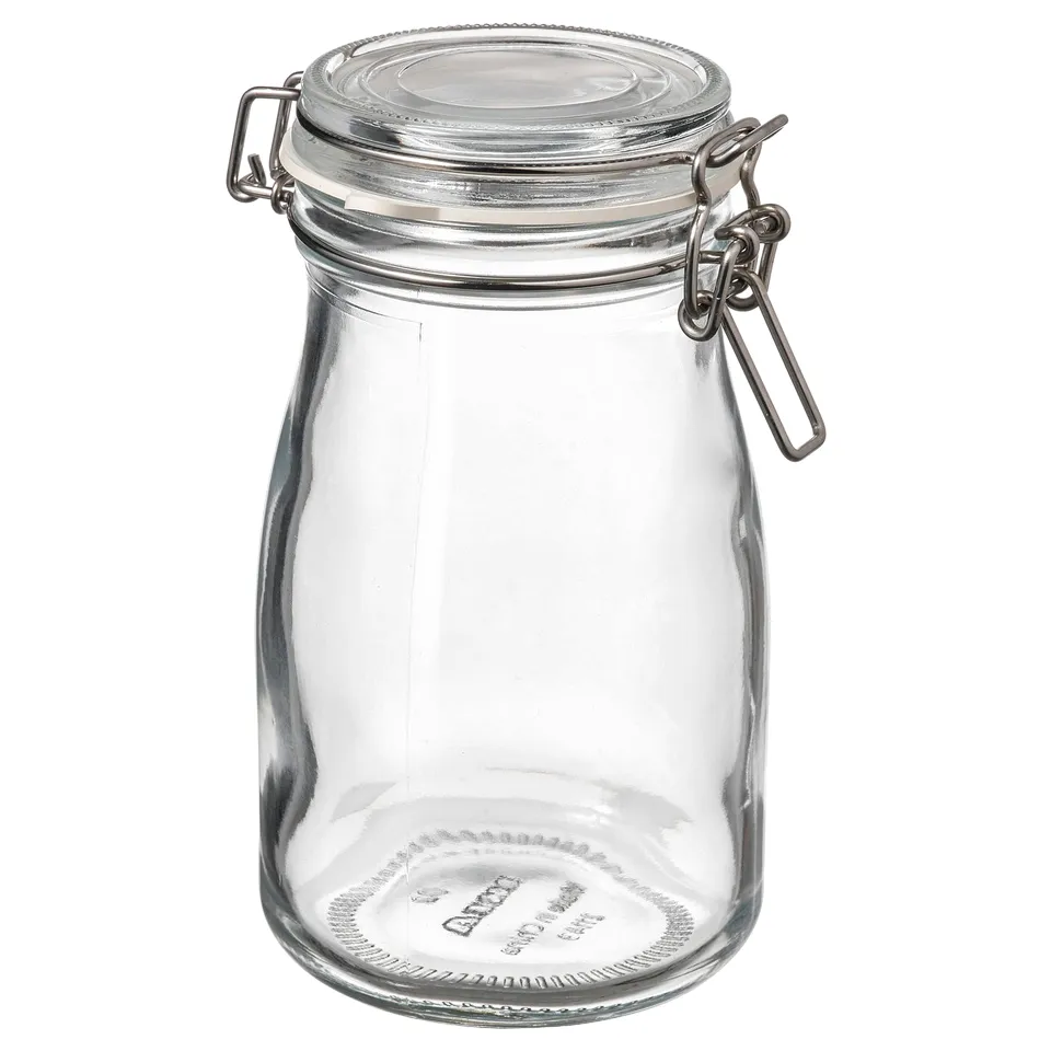Clear glass jar with metal clasp lid, KORKEN brand, round shape, for food storage.
