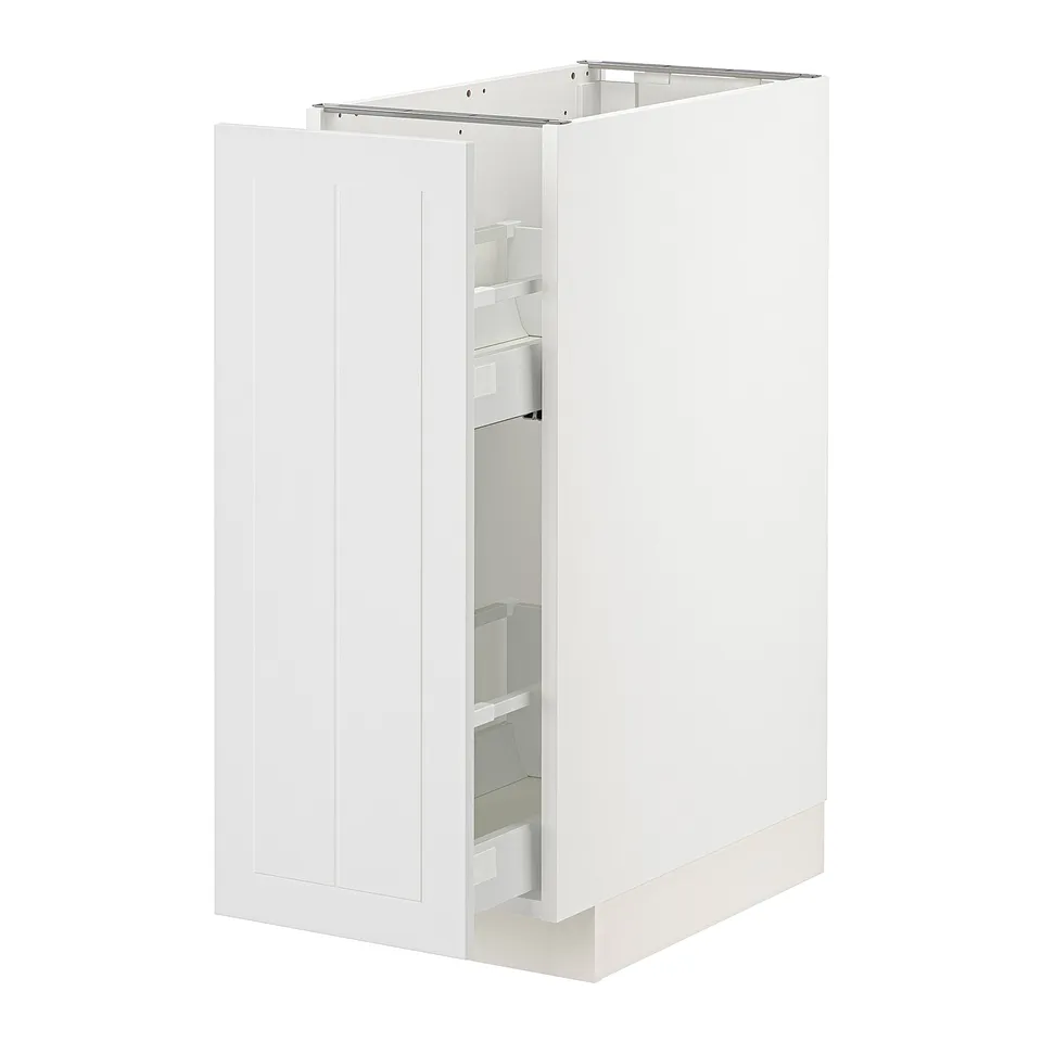 White METOD kitchen cabinet with partial drawer pullout.
