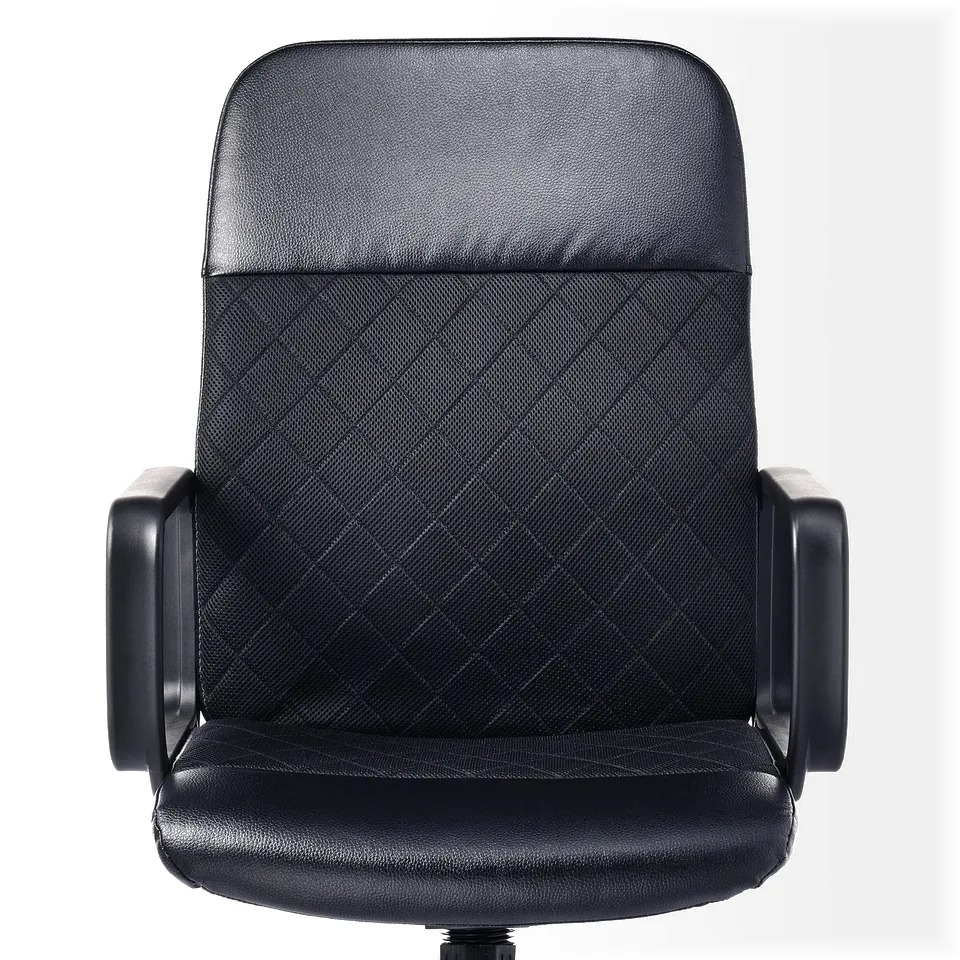 Black office chair with mesh back and adjustable height.