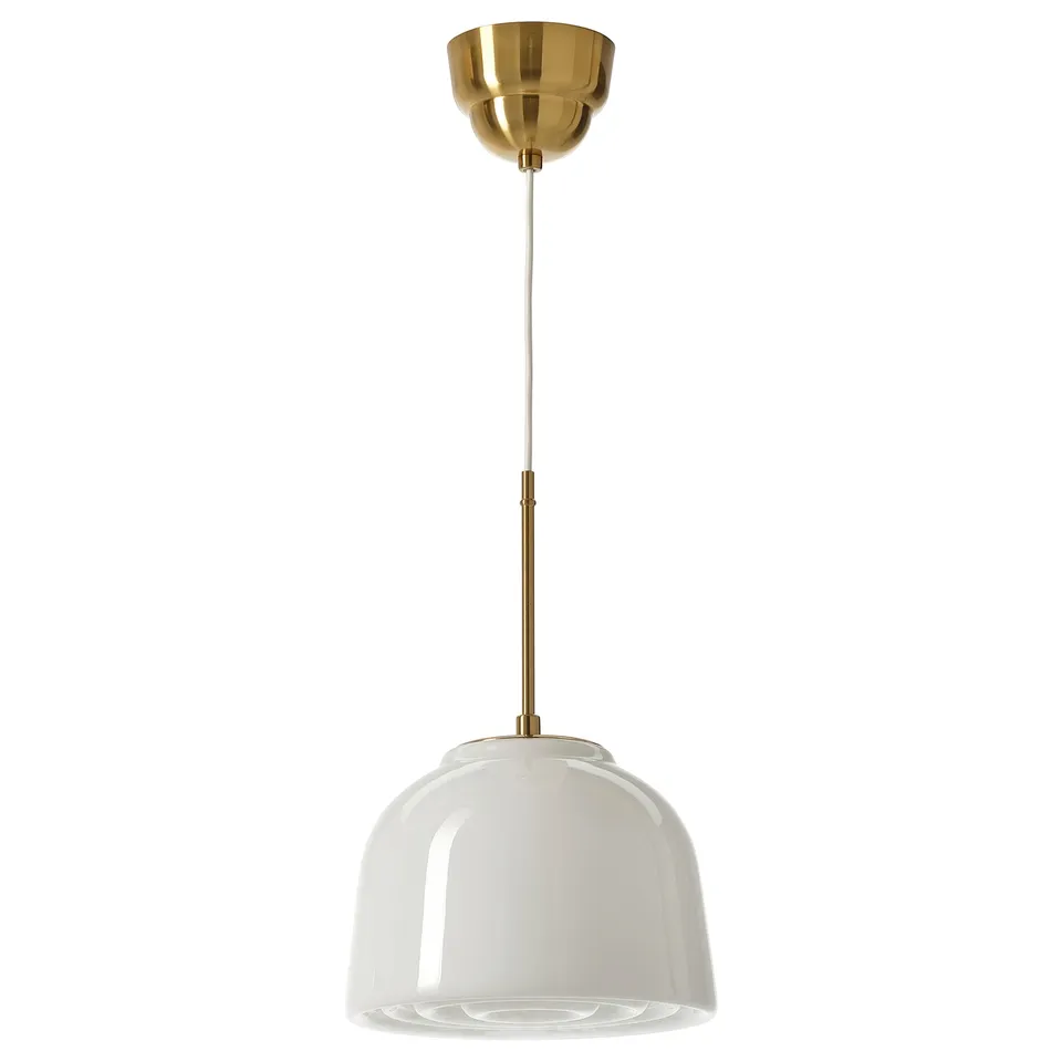 MUDDERVERK pendant lamp, brass, white glass, globe-shaped.