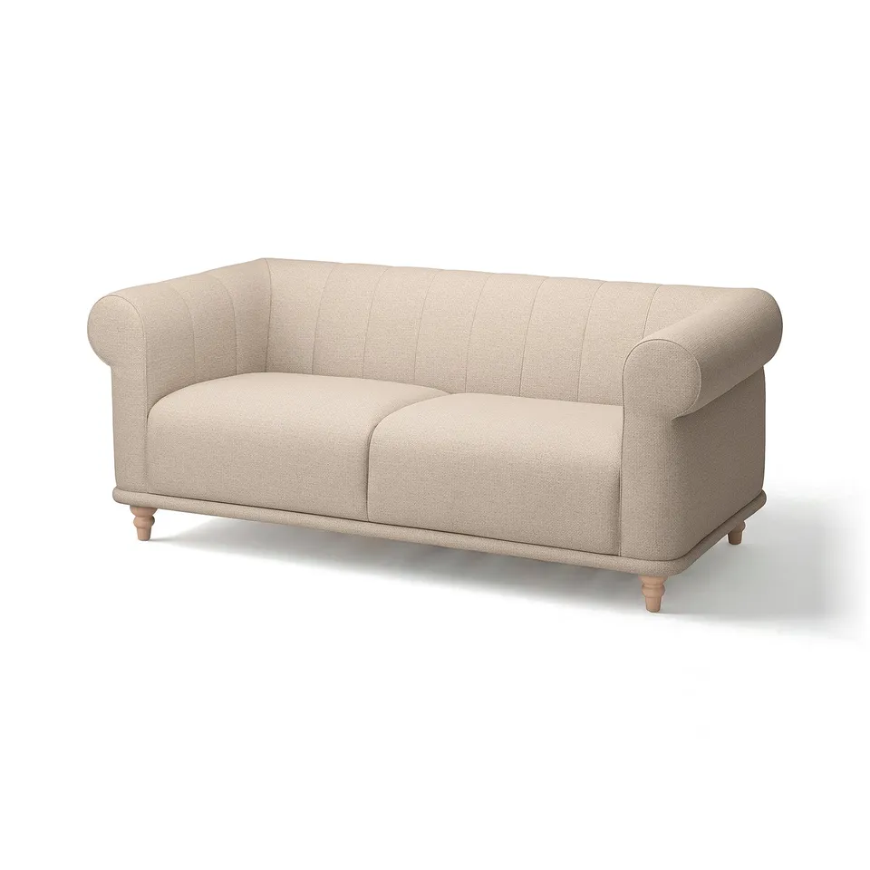 VISKAFORS sofa: beige, rolled arms, tufted back, wooden legs.