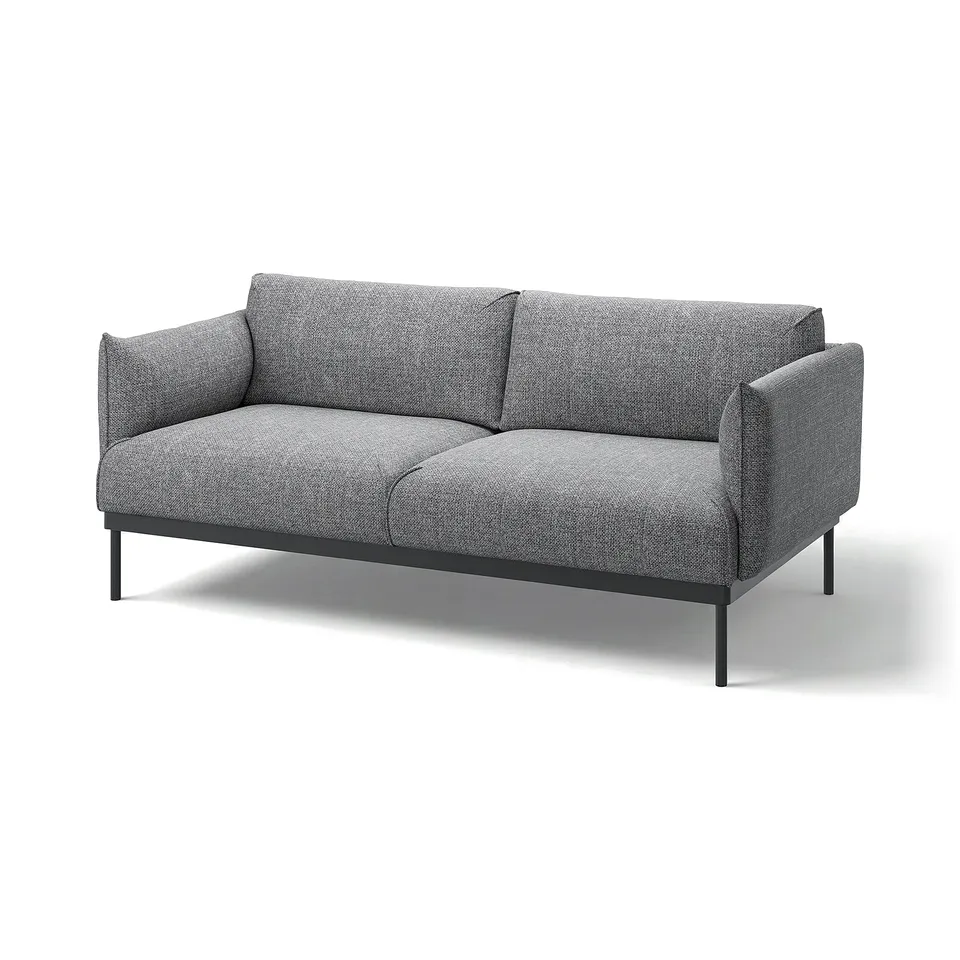 Modern grey fabric sofa; sleek black legs; small size.