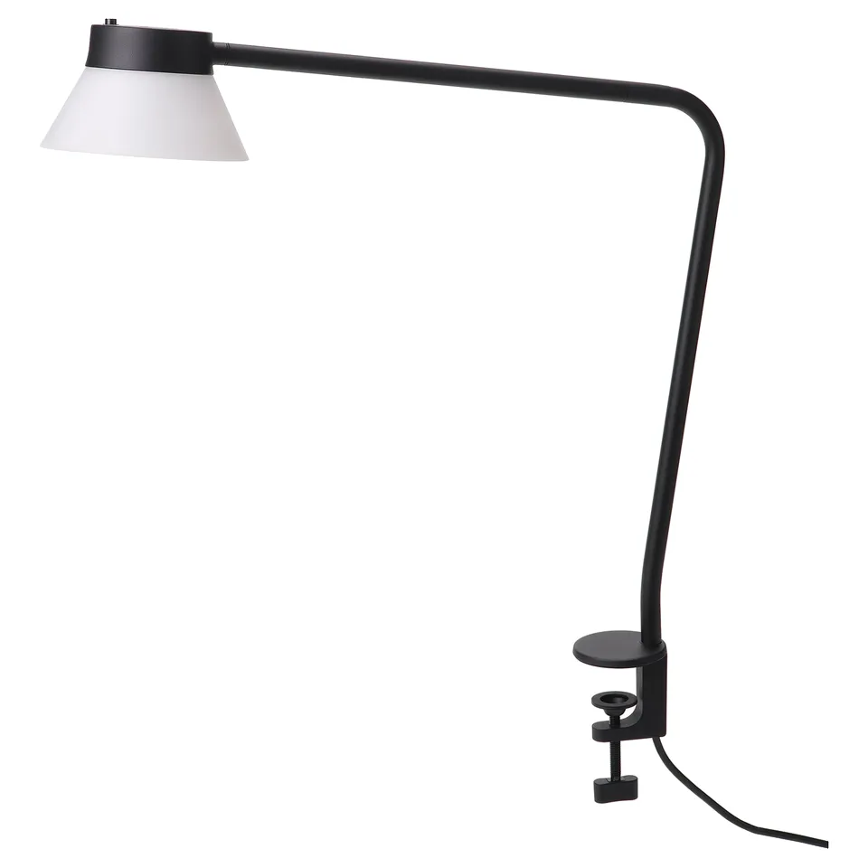 SAMBORD black clamp lamp with adjustable arm and white shade for desk use.