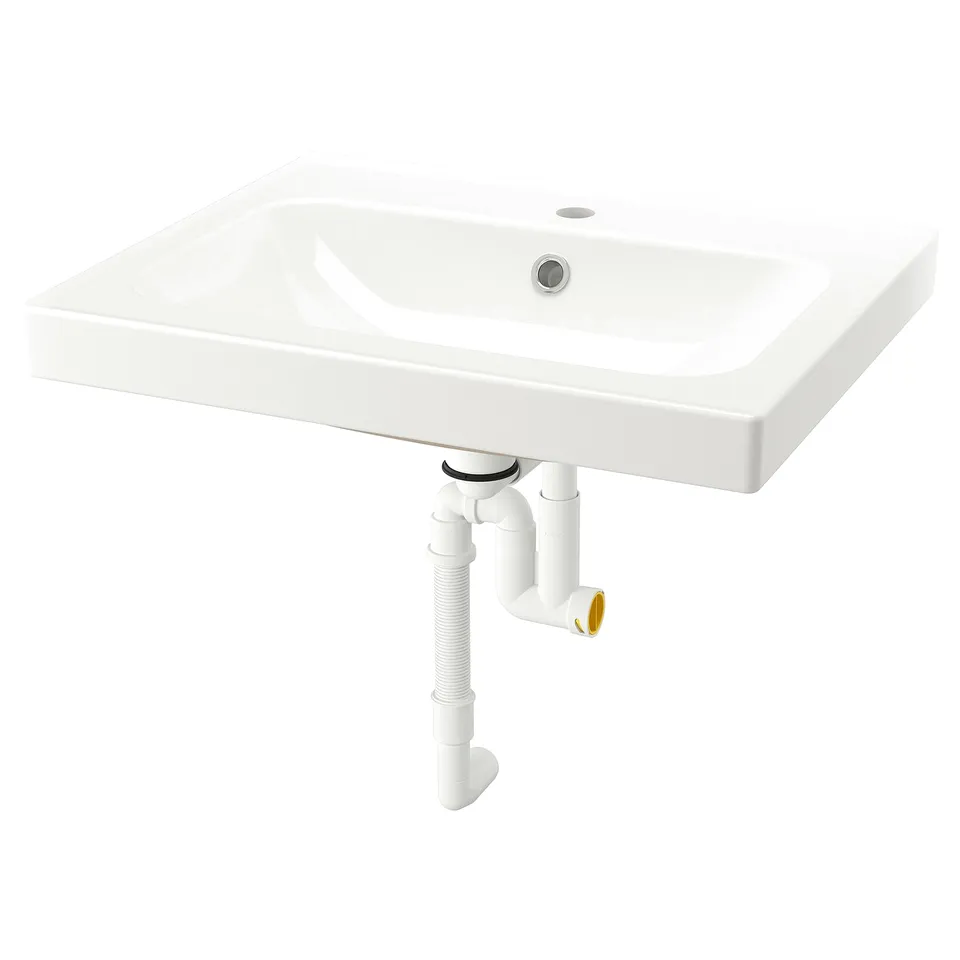 White ORRSJÖN sink, sleek design, ceramic, with drain pipes.