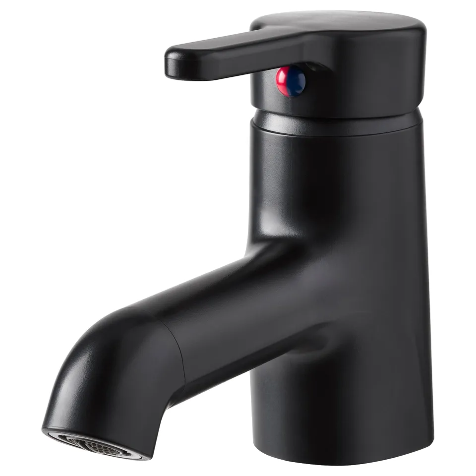 Black tap, abs plastic, single-handle design, round body, cold start function.