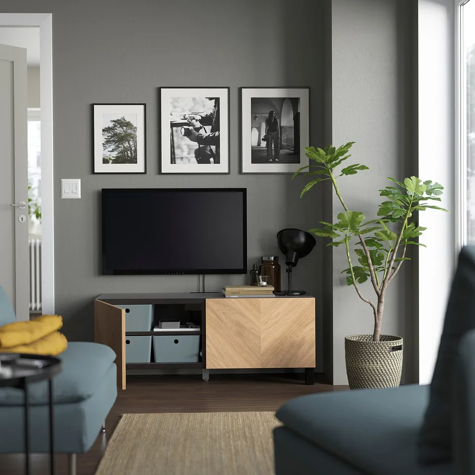Modern living room with tv on wooden stand, decor, and plants.