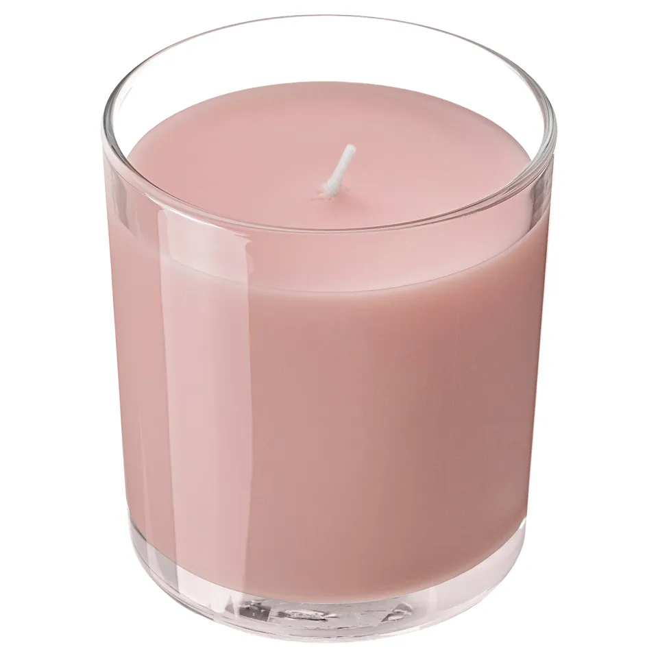 LOTSFÅGEL Scented candle in glass, Red berries light pink, 40 hr