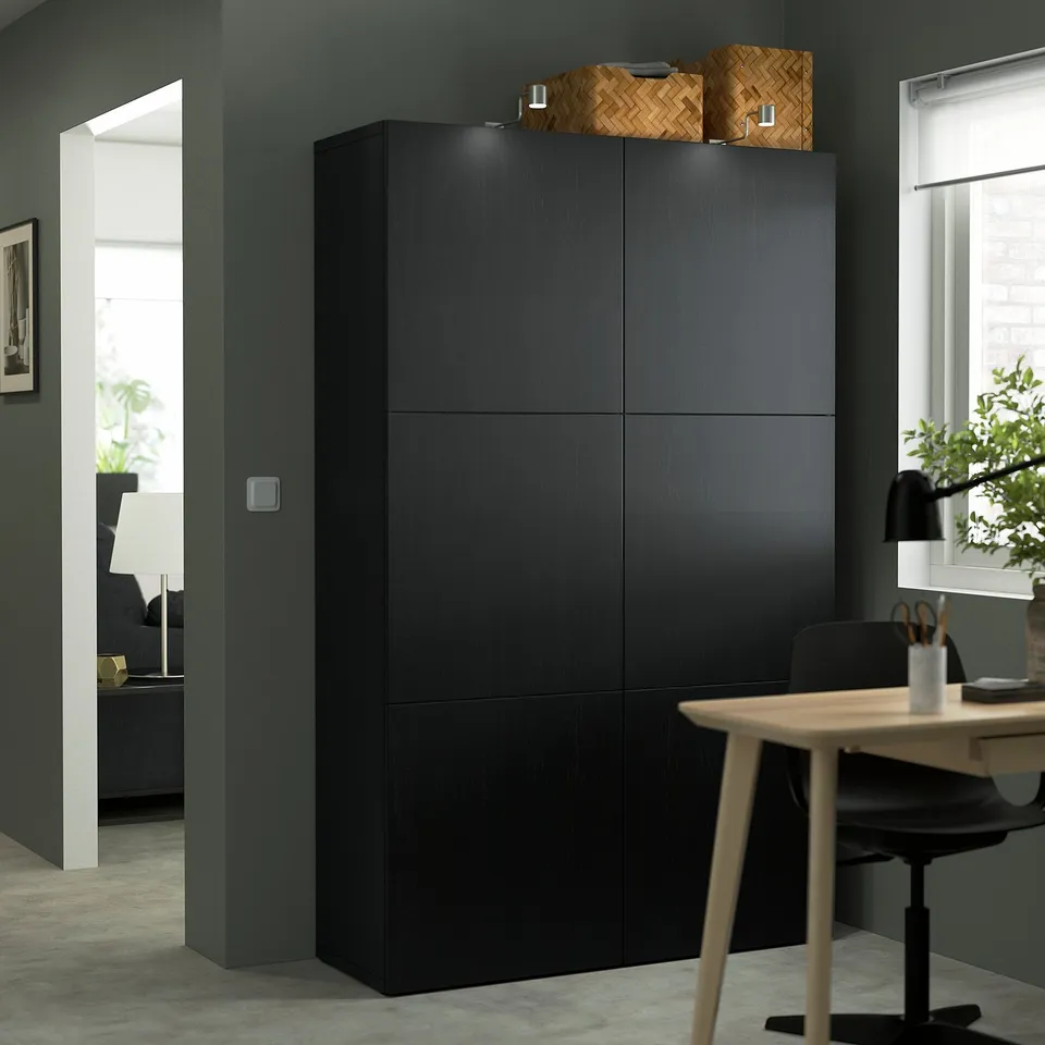 Modern office with LAPPVIKEN cabinet, wicker baskets, and grey sofa.