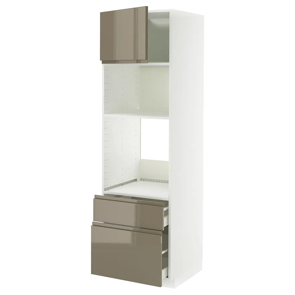 Modern kitchen unit: METOD in white with high-gloss dark grey-brown handles, sleek design, open shelf, and two drawers.