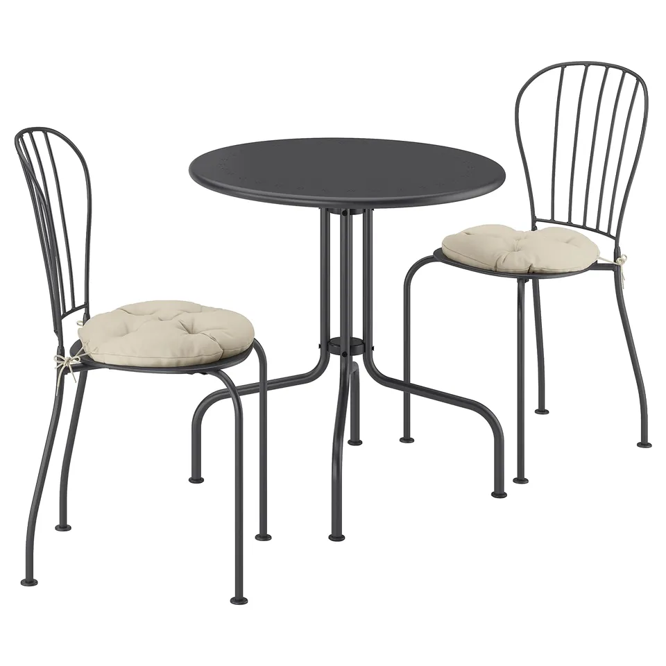 LÄCKÖ Table+2 chairs, outdoor, grey/Kuddarna light grey-beige, 70 cm
