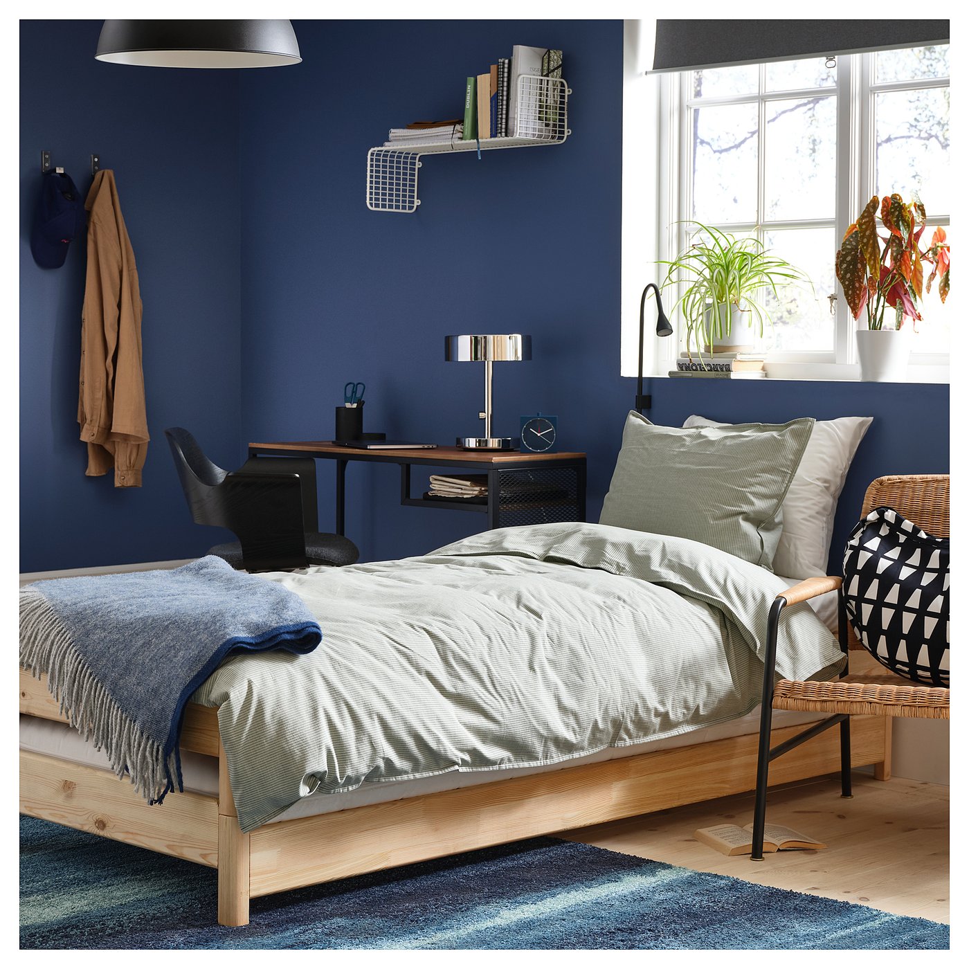 Blue bedroom with bed under window, desk, chair, lamp, rug, plants.