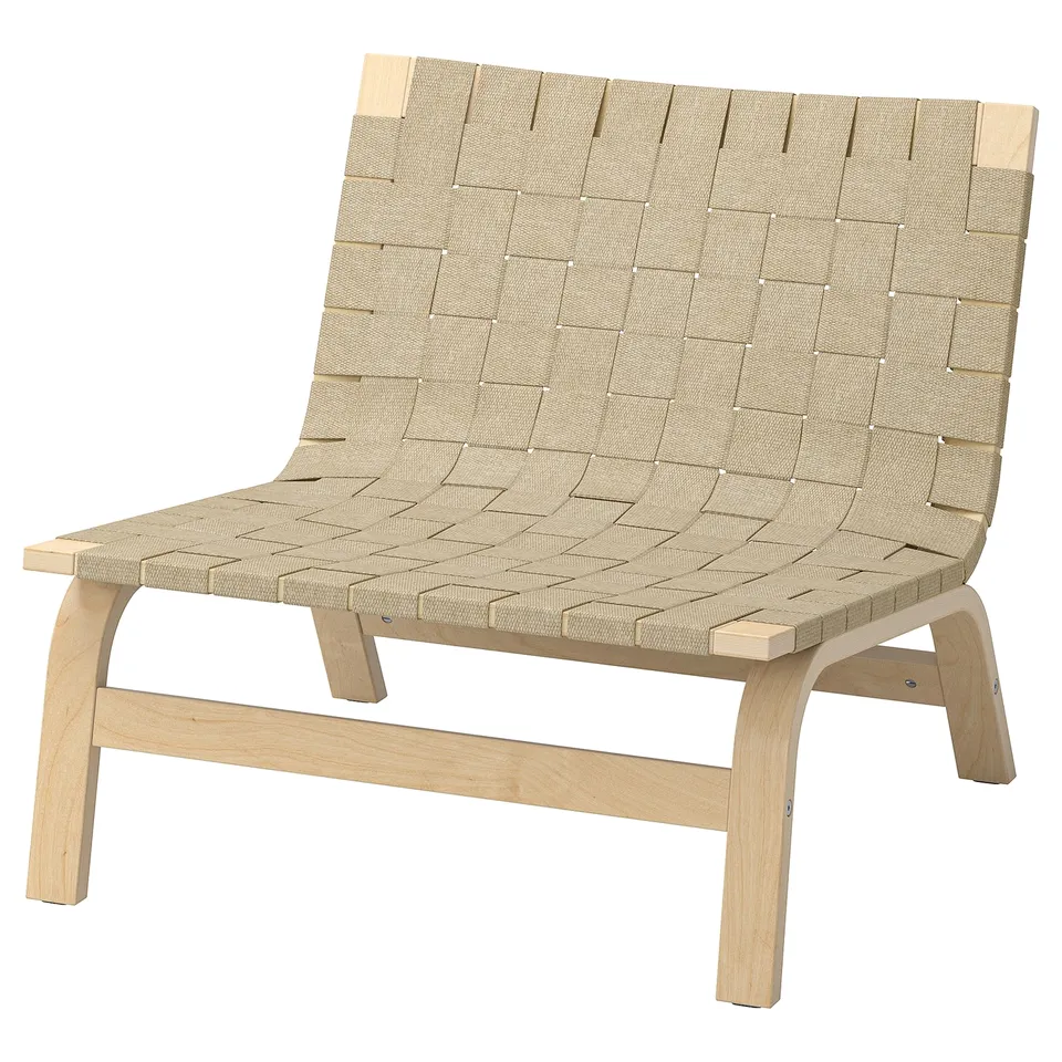 A beige-colored STOCKHOLM 2025 easy chair with woven linen and birch veneer, featuring a minimalist, timeless design.